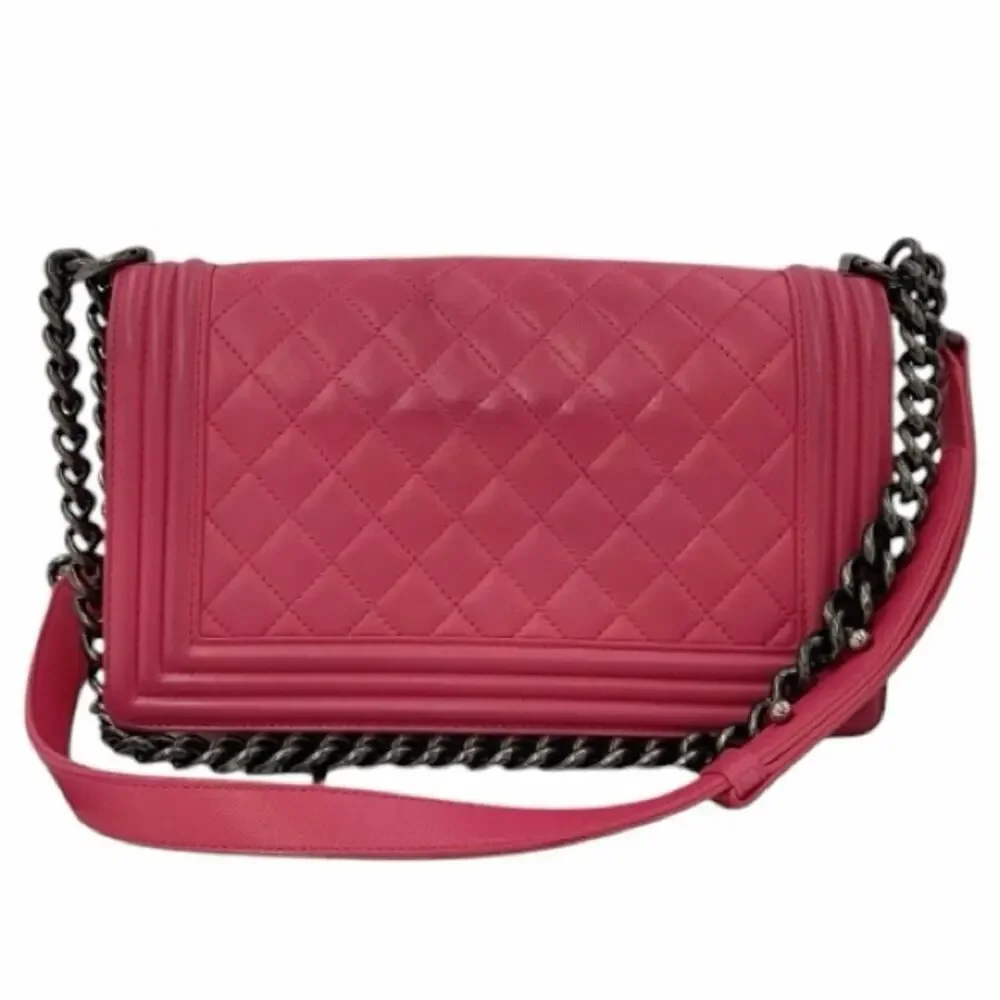 Authentic Chanel Pink Quilted Leather Boy Flap Crossbody Bag